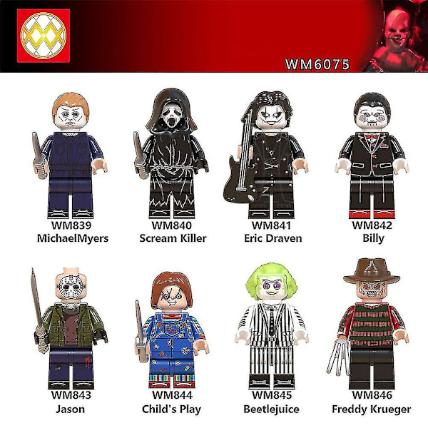 8 stk/sett Hot Horror Movie Characters Mini Figurer Billy Freddy Jason Byggeklosser Minifigurer Leker Barn Halloween Kreative Gaver[GL]