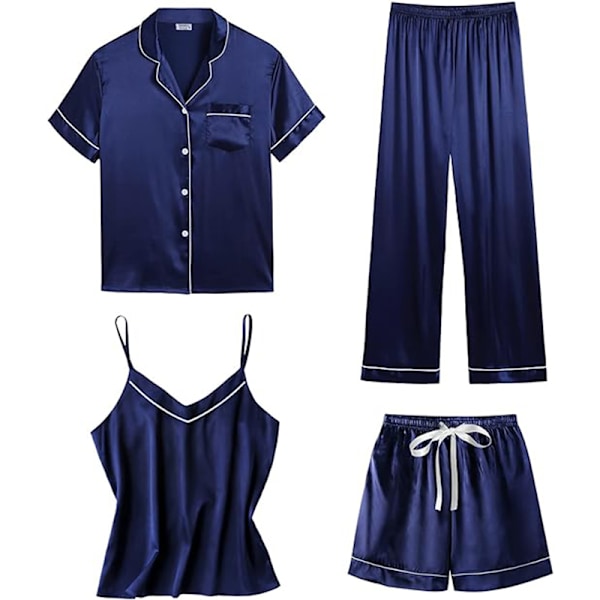 Naisten 4-osainen pyjamasetti silkki satiini yöasut seksikäs pjs loungewear Navy Blue Navy Blue L