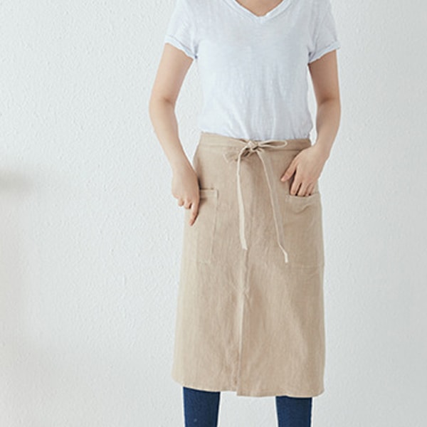 Halvforkle i lin for bistro med 2 store lommer, håndverksforkle