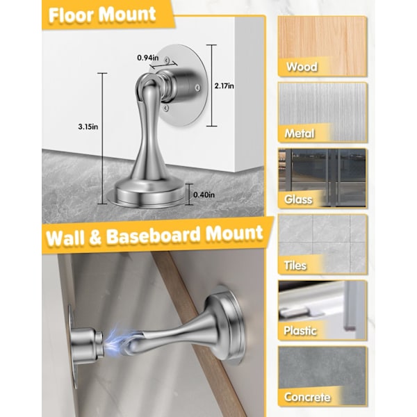 2-pakks Dørstopper i Rustfritt Stål - Heavy Duty - Vegg- og Gulvmontering, Borrefri 3M Lim & Skruer, Sterk Magnet Holder Døren Åpen