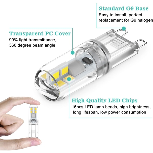 G9 LED-lampor 1,5W motsvarande 20W halogen kallvitt ljus 6000K, AC 220-240V, ej dimbar, mini-glödlampa, flimmerfri, 10-pack