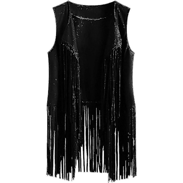 70-talls topper for kvinner denimskjorte disco frynsevest jakke - perfekt svart Black XL