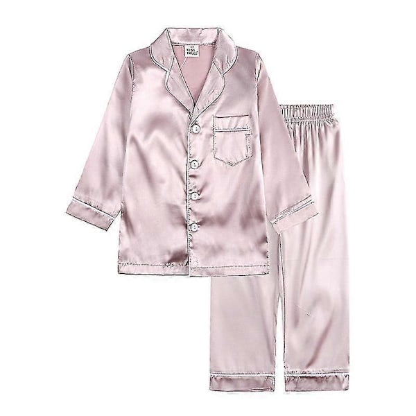 Baby Flicka Pojke Satin Pyjamasset Lång Kort Ärm Knapp-Up Topp+Byxor Nattkläder Roséguld[JR] Rose Gold 4-5 Years