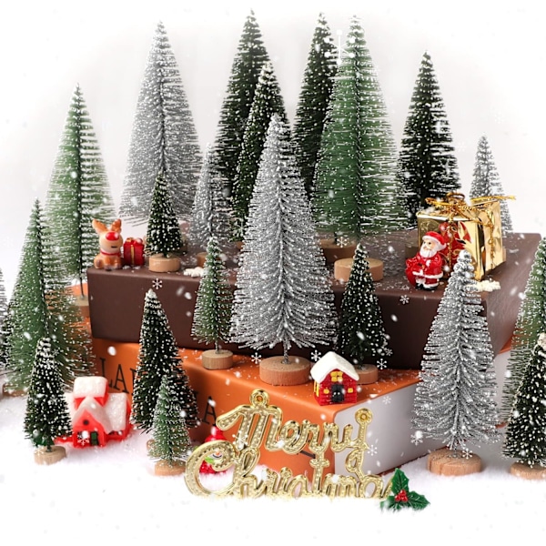 30 st miniatyrjulgranar, konstgjorda julgranar, flaskborstgranar med träbas för juldekoration