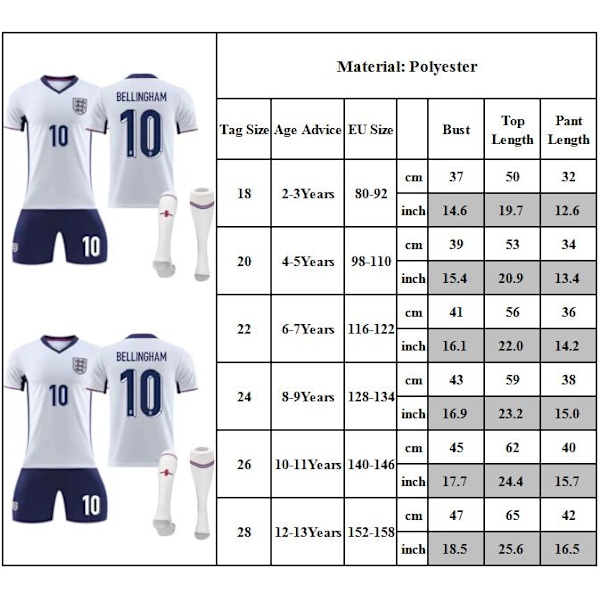 Fotballtrøye Barn UEFA EM 2024 England Hjem Fotballdrakter Barn Bellingham NO.10 sett 28