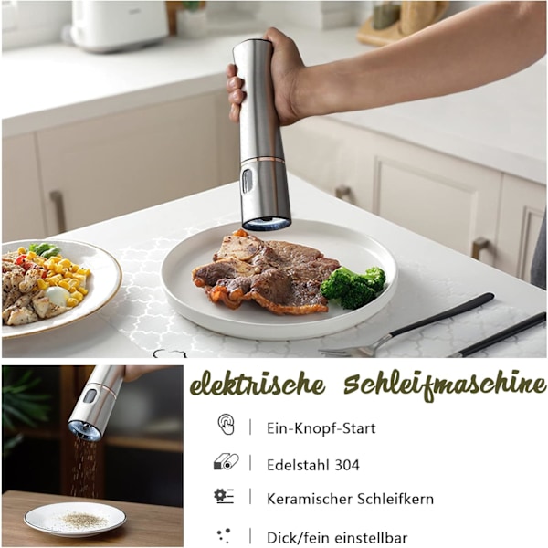 Elektrisk pepparkvarn, kryddkvarn i rostfritt stål, peppar, salt