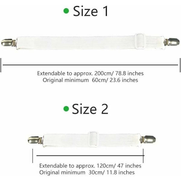 Set med 4 sängklädestillbehör justerbar lakansträckare elastisk remfäste, för lakan, soffa, strykbrädesöverdrag - 30cm till 120cm, vit