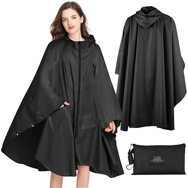 Regnkappa för damer, lång regnponcho, vattentätt regnkläder, regnjacka, vindtätt regnskydd, regnkappa, regnkläder med ficka med lock black