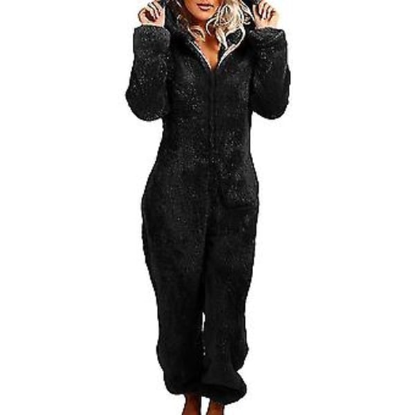 Dam vinter varm mjuk fluffig päls fleece huvtröja all-in-one jumpsuit (S svart)