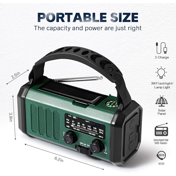 Nödvevradio, 10000mAh batteri - NOAA/AM/FM väderradio - LED-ficklampa och läslampa - SOS-alarm WELLNGS