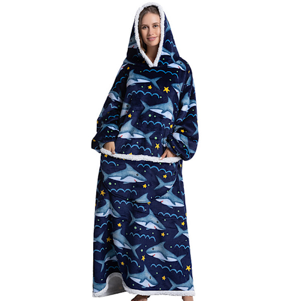 Fleece-hettegenserteppe for kvinner med ermer, gigantisk TV-teppe Navy Blue Shark