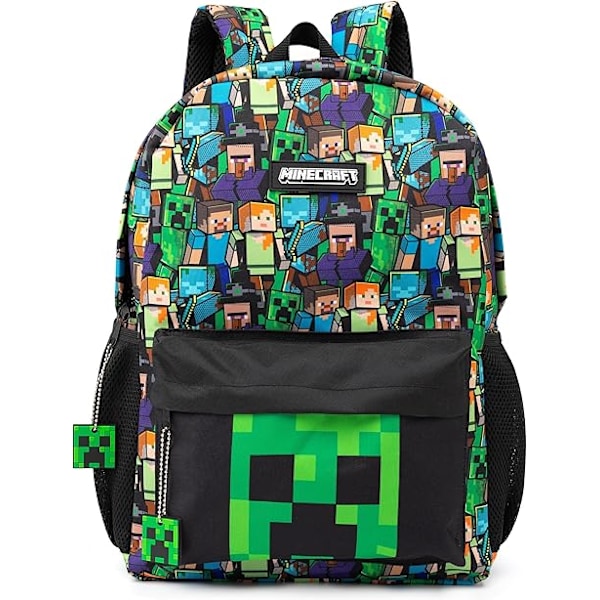 Minecraft Ryggsäck för Pojkar | Svart Skolväska för Barn | Grön Creeper Zombie Skelett Enderman & Grottspindel[JR]