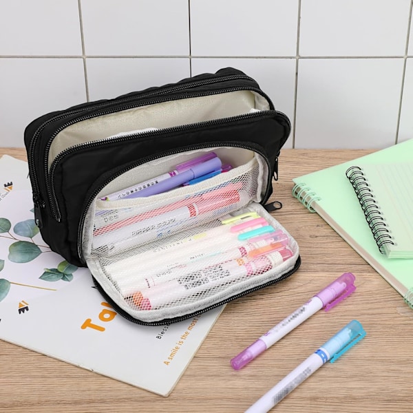 Aprikos pennfodral med fack Stora pennfodral Multifunktionell pennväska Preppy pennfodral Stationery Organizer Estetiska sminkväskor Black