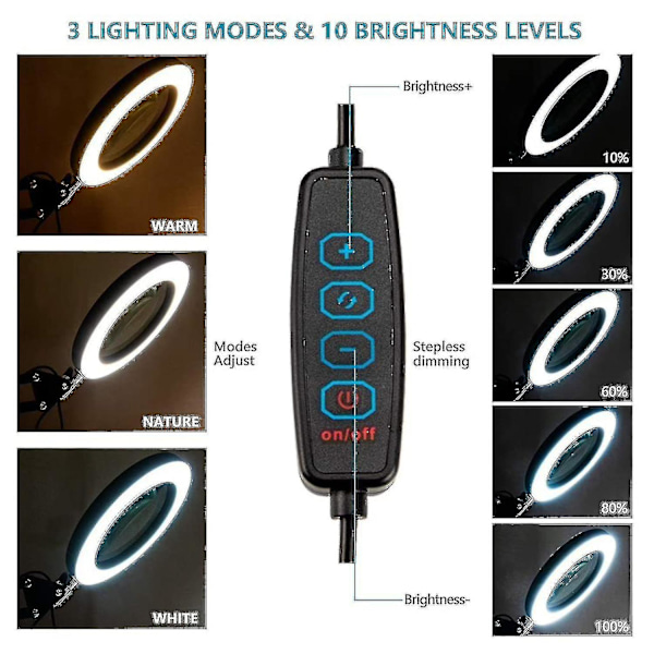 10x Suurennuslasi valolla ja 3 väritilalla, 10 säädettävää kirkkautta, työpöydän suurennuslamppu (FMY) White