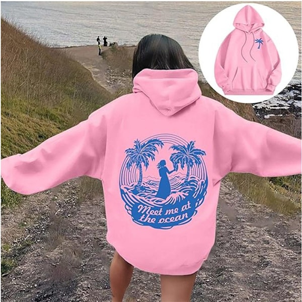 Palm Puff Hettegenser Oversized Langermet Bokstavtrykk Genser for Tenåringsjenter Y2k Hettegenser Mote Snøring Genser med Lommer Rosa-B Rosa-B Pink-B L