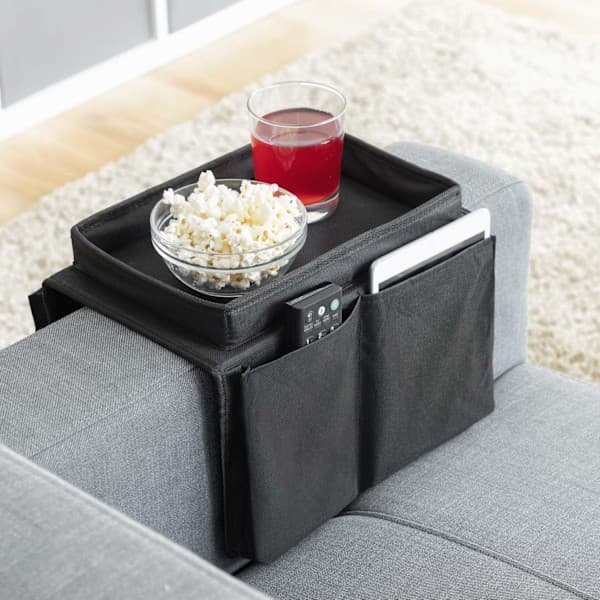 Armrest Tray with 6 Side Pockets - Black, Coffee Table Organizer, Foldable and Portable