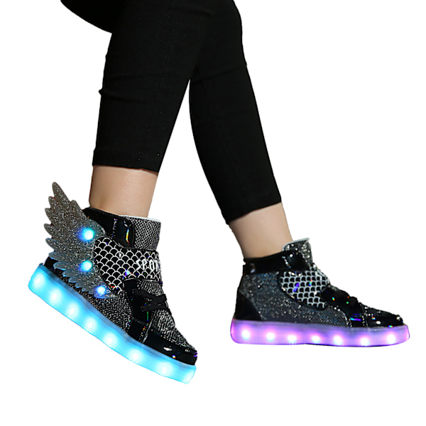 Børne Lysende Sko LED USB Opladning Blinkende Høj-Hælede Vinger Sneakers sort black 32