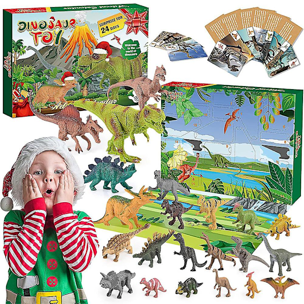 Julkalender med dinosauriefigurer, 24 dagar nedräkning, leksaker med kort, överraskningsgåvor till barn, idealisk blindbox