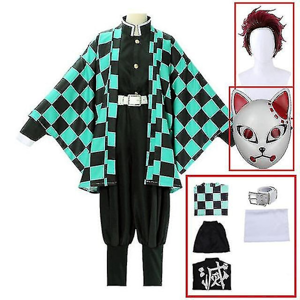 Demon Slayer Kimetsu No Yaiba Tanjirou Kamado Cosplay Kostume Kimono Jul Anime Uniform til voksne og børn - Perfekt 7-delt sæt 7 piece set S