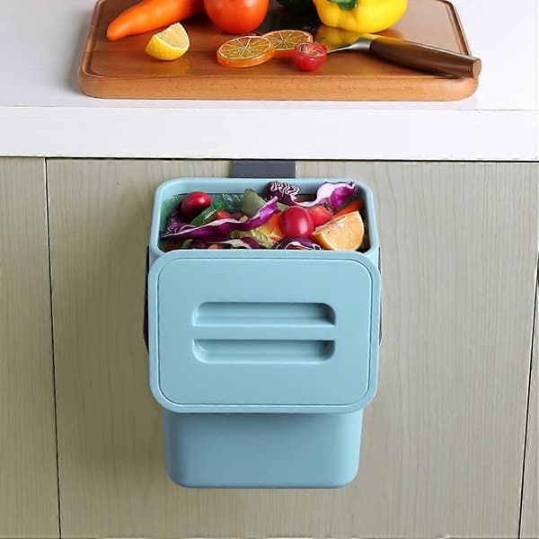 Compost Bin for Kitchen, Hanging Small Trash Can with Sealed Lid, 5 Liter, Mountable Compost Bin for Kitchen/Bathroom/RV (Blue)