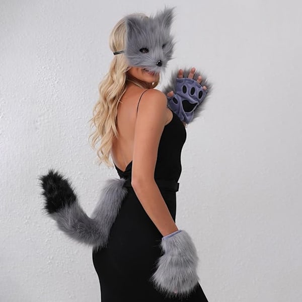 Kunstig Pelsræv Hale Katte Varulv Cosplay Kostume Sæt Plys Maske Fluffy Poter Handsker Halloween Jul Fest til Piger Kvinder