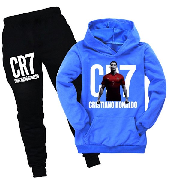 CR7 Ronaldo Gutte Treningsdrakt Fotball Hoodie Genser Hettegenser Topper + Bukser Antrekk Mørk Blå Dark blue 140cm