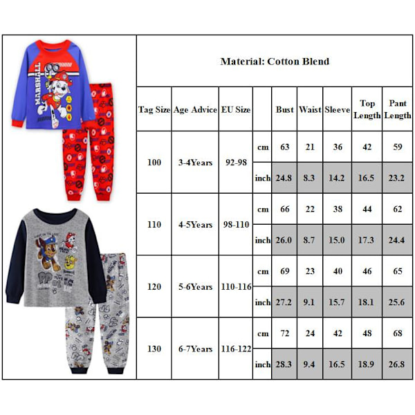 PAW Patrol Pyjamasæt Barn Længærmet Bukser Sæt Sovningstøj Rød red 110cm