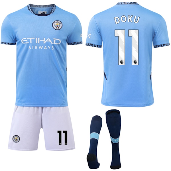 Manchester City Hjemme Barn & Voksen Fotballdraktsett med Sokker 2024-2025 Nr. 11 DOKU Nr. 11 DOKU No.11 DOKU XS