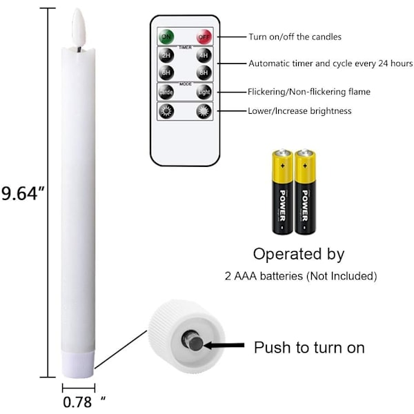 Flammlösa Vita Koniska Ljus med Flimmer och 10-knapps Fjärrkontroll, Batteridrivna LED Varma 3D-vekar Ljus Fönsterlampa Äkta Vax 6-pack Vit white