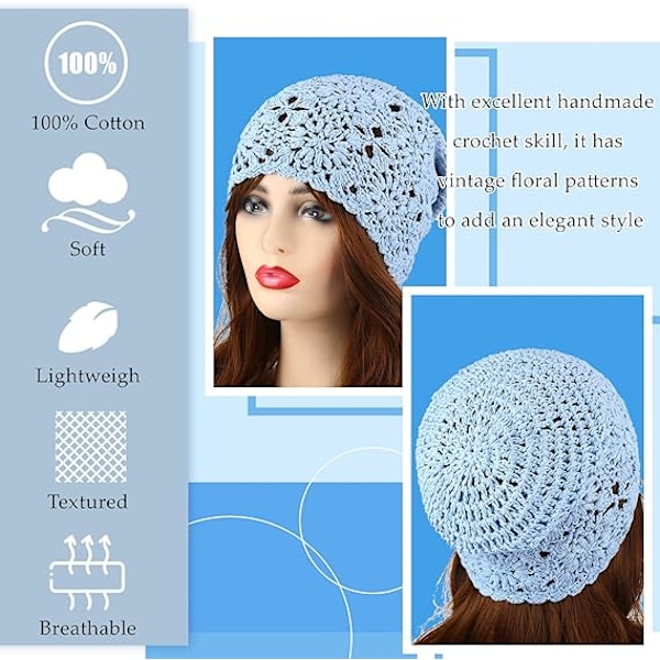 4 stk. slouchy beanie hæklet hat efterår håndlavet strikket blomstret skull cap bomuld udskåret sommerhatte til kvinder let strikket (JS)