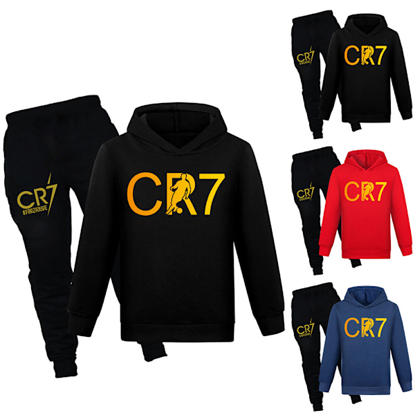 CR7 Ronaldo Barn Pojkar Casual Träningsoverall Fotboll Tröja med huva Träningsbyxor Pullover Outfit Svart Svart Black Black Black 130 cm