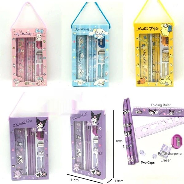 Sanrio Brevpapper 2-pack Set med Blyertspenna, Suddgummi, Linjal, Kawaii Melodi Kuromi Kanelrulle, Studentmålning, Leveranser för Barn 2Pcs set Pompompurin