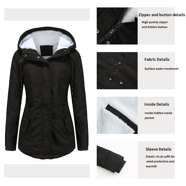 Dam Vinter Varm Sherpafodrad Jacka Heavy Parka Coat med Huva Svart Black L