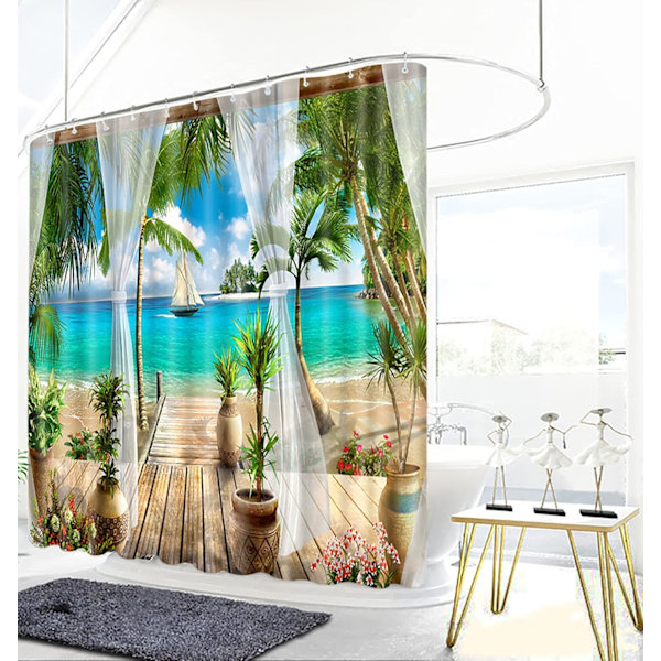 Suihkuverho 3D Puutarha Seaside Flower Homettava Vedenpitävä