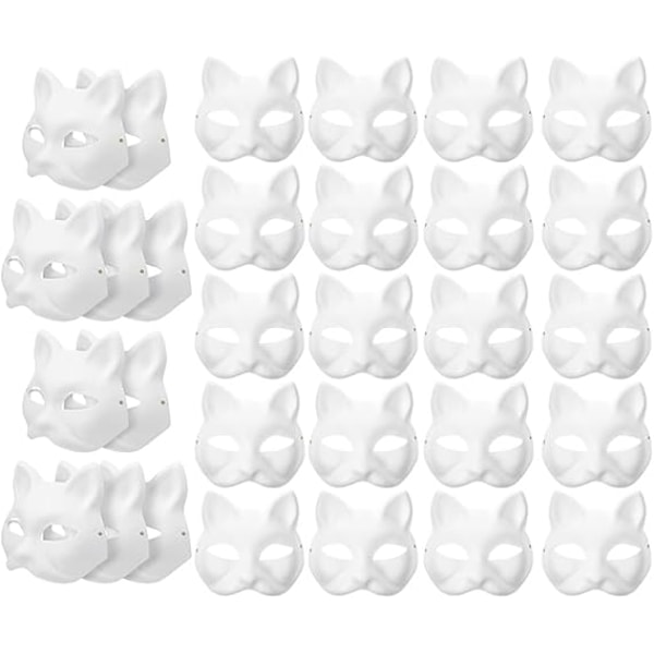 30 stk. hvite kattemasker, hvite revemasker, dyre-halvmasker, maskerade masker, papir umalt tom DIY halloweenmaske for maskerade rollespillfest - WELLNGS 30pcs