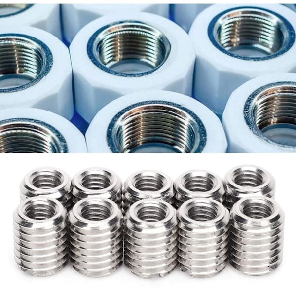10 stk. innsatsmutter, M6/M10 gjengeinnsats, innsatsmutter, 303 rustfritt stål (indre M6x1.0 ytre M10x1.5 glød 12mm)