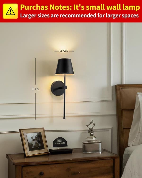 Wireless Wall Sconces 2-pack, LED Lamps with Rechargeable Battery, Stepless Dimmer with Remote Control Black