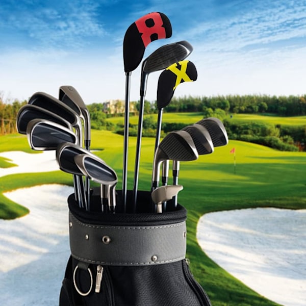 10 mustaa golfhattua, golfmailan suojukset suurilla värikkäillä numeroilla, rautamailan suojukset, wedget D