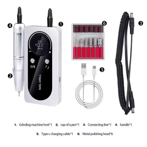 Uppladdningsbar Elektrisk Nagelfil - Akryl Gel Naglar Manikyr & Pedikyr Set - Vit White