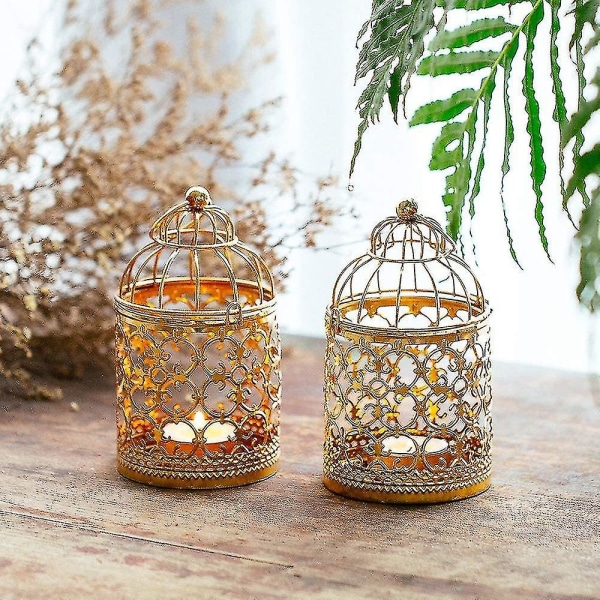 Liten värmeljus i metall för hängande fågelbur, guldlyktor för ljus Vintage dekorativa mittpunkter för bröllop och fest, värmeljushållare jul