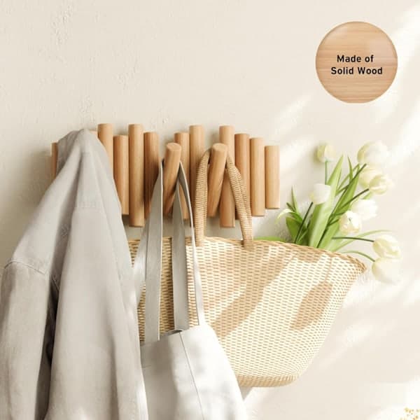 Wall Hook with 5 Hooks, Natural Wood, 37x16x4 cm
