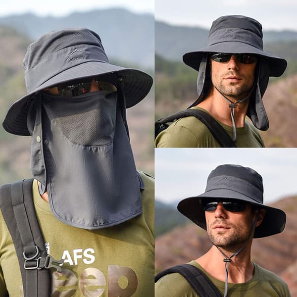 Fiskehatte til mænd og kvinder med masker, bredskyggede strand-solhatte, mesh jagt havearbejde fiskerhatte kan foldes (mat grå)