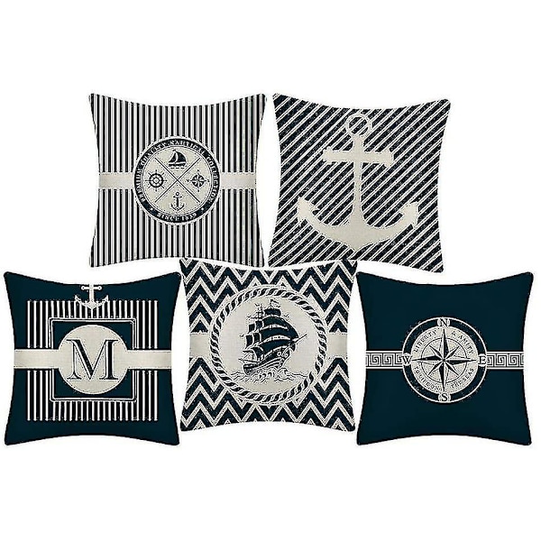 Färgglada Ocean Series Segelbåt Ankare Design Kuddar Linne Bomulls Case Mjukt sängkläder Cover för soffa 45 X 45 Cm5st-blå (exklusive pillo