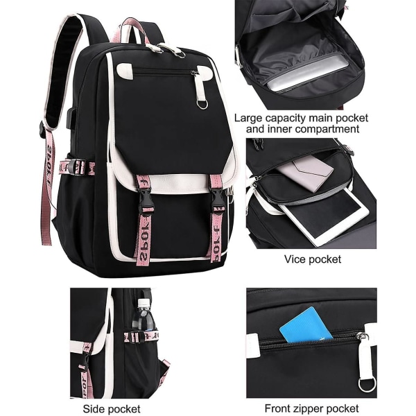 Ryggsäck för tonårsflickor Mellanstadiestudenter Bokväska Outdoor Daypack med USB laddningsport (rosa svart)