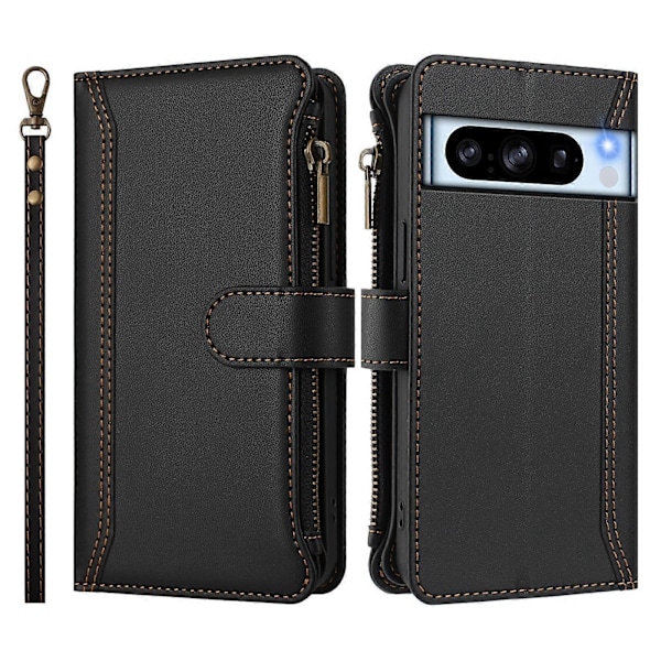 Magnetisk Stängning 9 Kortplatser Dragkedja Läderfodral med Handrem Black For Google Pixel 8 Pro