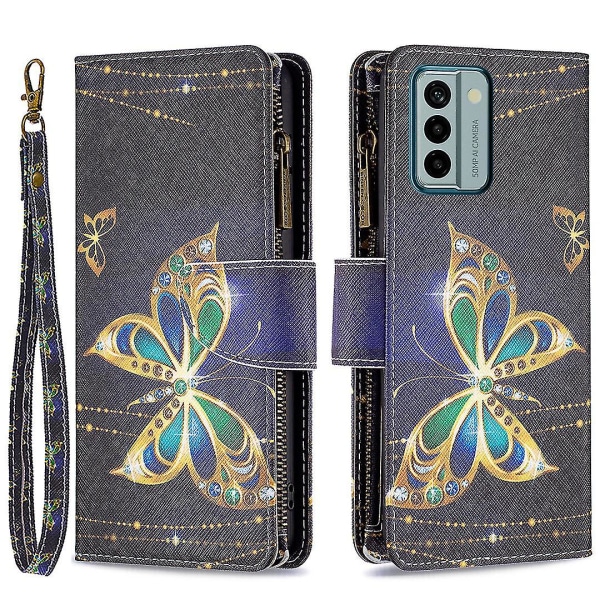 Nokia G22 Bf03 vetoketjutaskulle nahkaiselle phone case kuviotulostus cover Taitettava jalustan kansi Rhinestone Butterfly