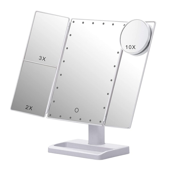 Kolminkertainen meikkipeili 22 LED-valolla, kannettava kokoontaitettava pöytäpeili 10X/3X/2X suurennuksella, valkoinen