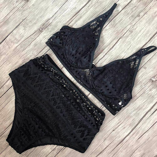 Dame Bikini Sæt Sexet Mesh Todelt Badedragt Bustier Høj Talje Mavekontrol Badedragt (sort M) Sort Black m