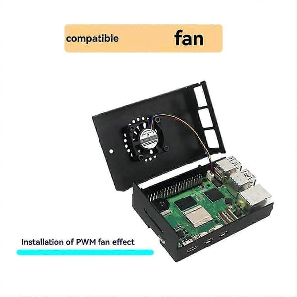 Metalkabinet til Raspberry Pi 5, skal af aluminiumslegering med aktiv køler og køleventilator køleplade Black