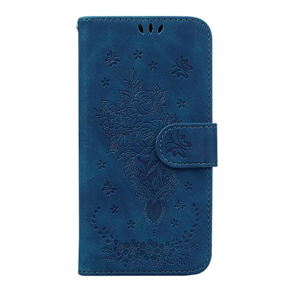 Til Motorola Moto E7 Sommerfugl Rose Præget Læder Telefon Cover Blue